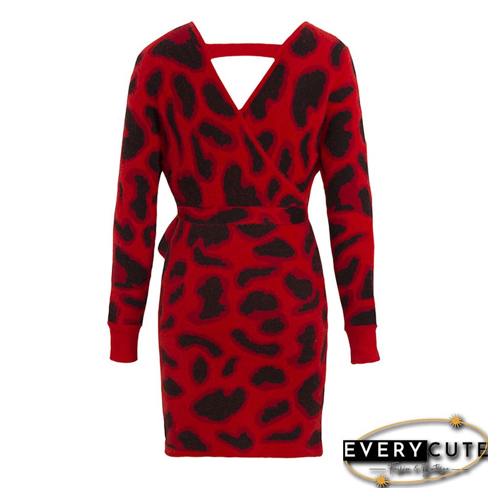Red Leopard Print Tie Front Sweater Dress
