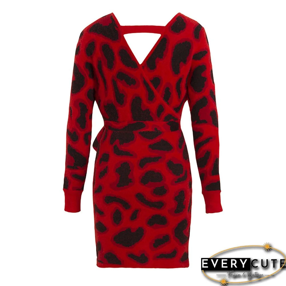 Red Leopard Print Tie Front Sweater Dress