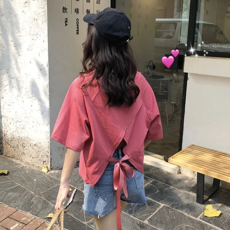 Tanguoant Backless Short Sleeve T-shirts Women Irregular Bow Top-tees Sexy All-match O-neck Summer Elegant Mujer Streetwear Ulzzang