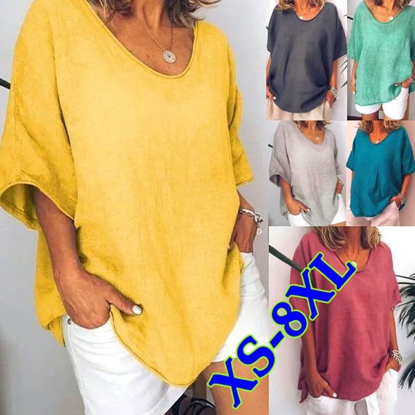 XS-8XL Fashion Summer Womens Short Sleeve T Shirts Plus Size Loose Linen Blouses Casual Beach Wear Pure Color Tops - Shop Trendy Women's Fashion | TeeYours