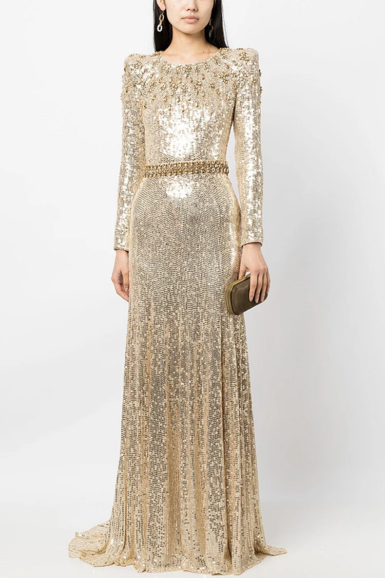 Sequin Rhinestone Floral Embellished Maxi Dress-Gold