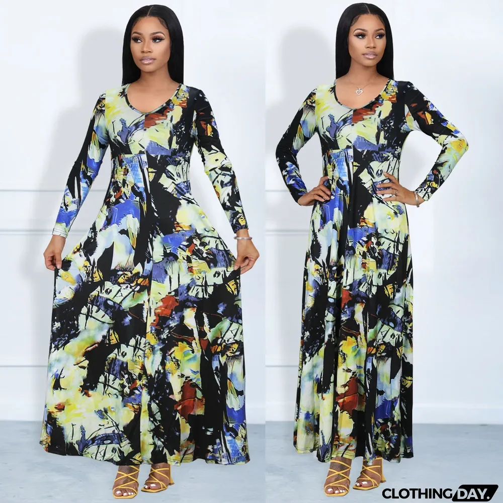 Fashion Print Long Sleeve Maxi Dress