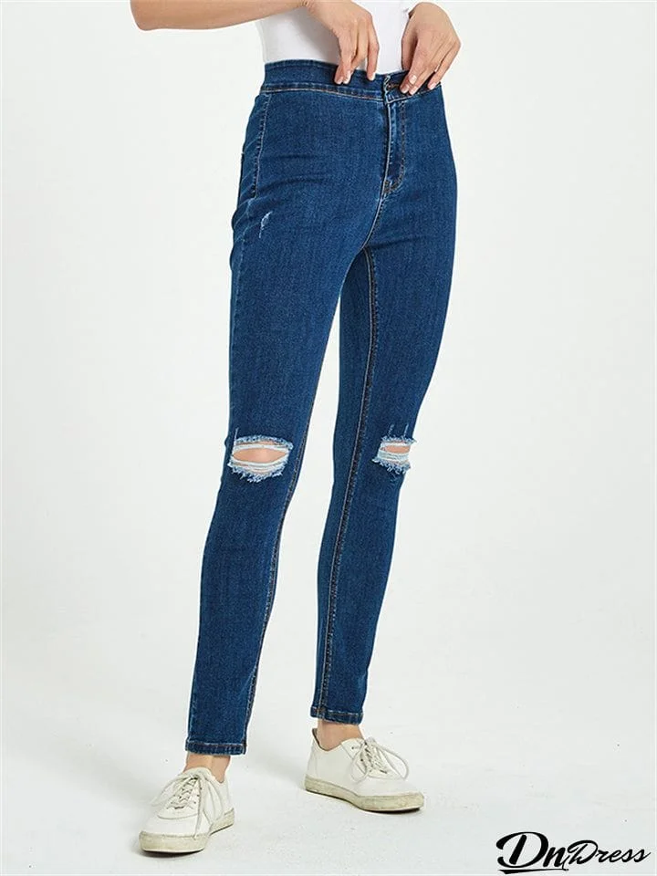 Campus Style Slim Fit Stretchy Ripped Casual Denim Jeans for Women