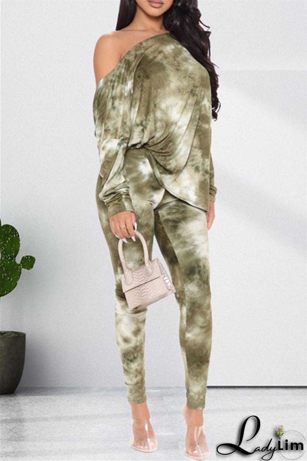 Light Coffee Fashion Casual Print Tie Dye Backless O Neck Long Sleeve Two Pieces