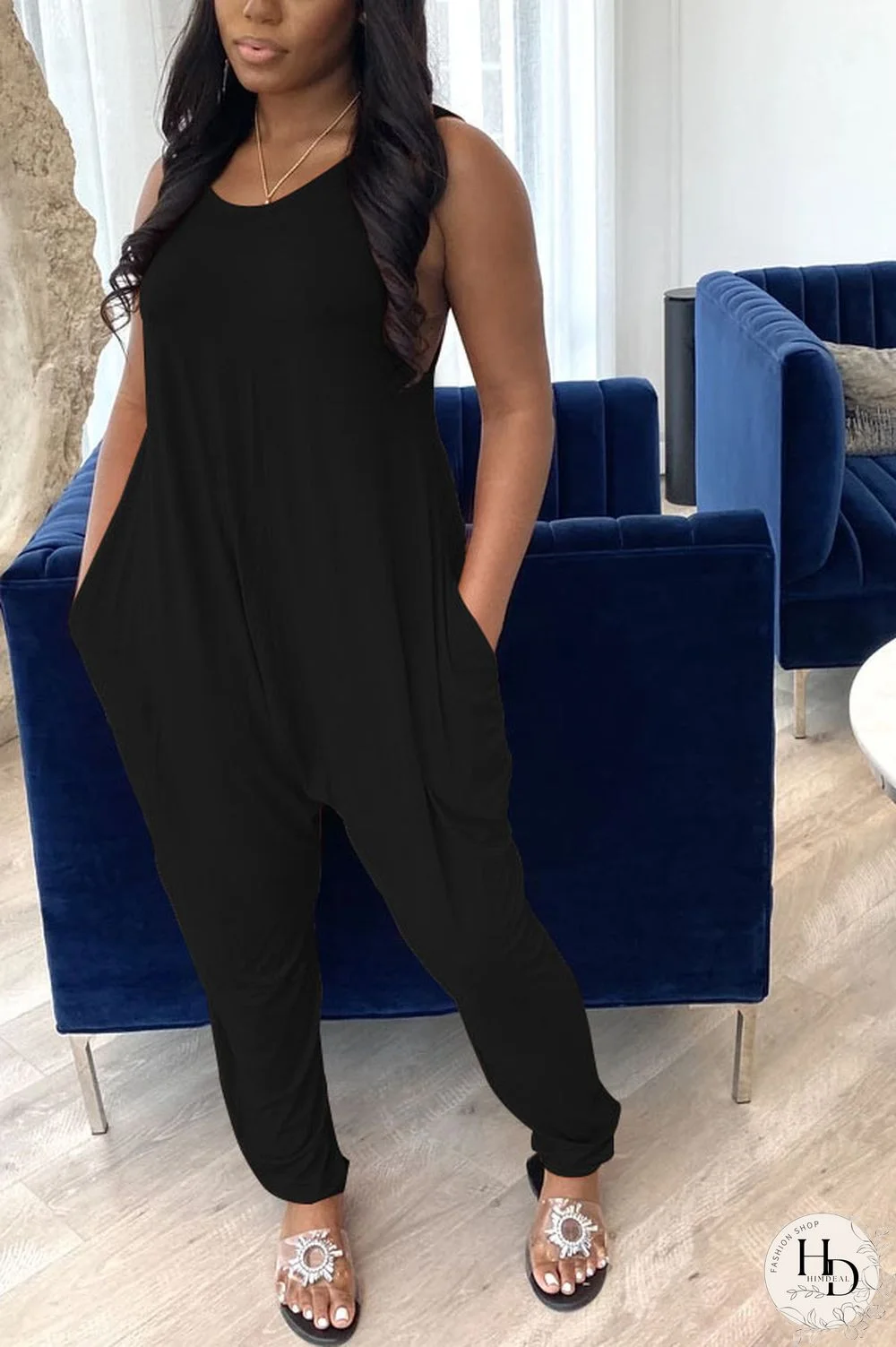 Black Casual Pocket Solid Cotton Blend Sleeveless Jumpsuits