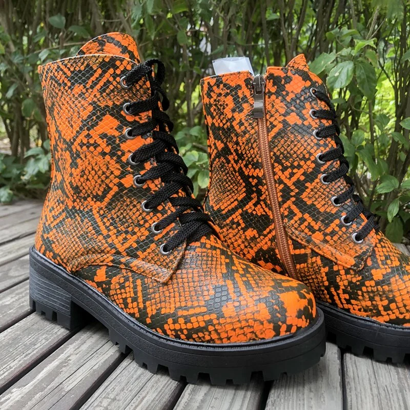Lace-up Ankle Biker Boot Neon Orange Snake Print Short Platform Boots Women Shoes Autumn Winter Round Toe Ladies Shoes