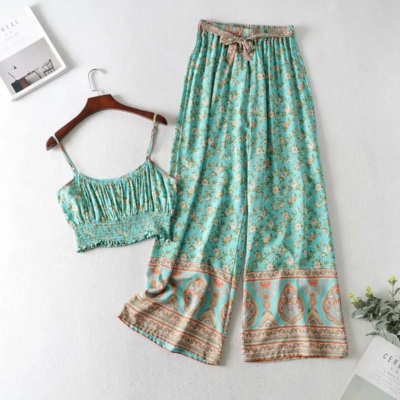 Fitshinling Wide Leg Pants Camis Matching Sets Bohemian Holiday Print Summer Outfits 2021 Two Pieces Slim Sexy Vintage Suits New