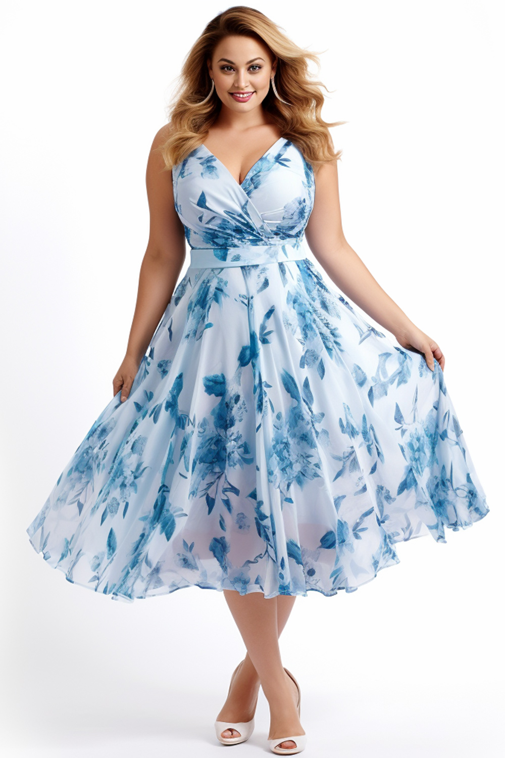 Blue Plus Size Dress With Smoking Detail