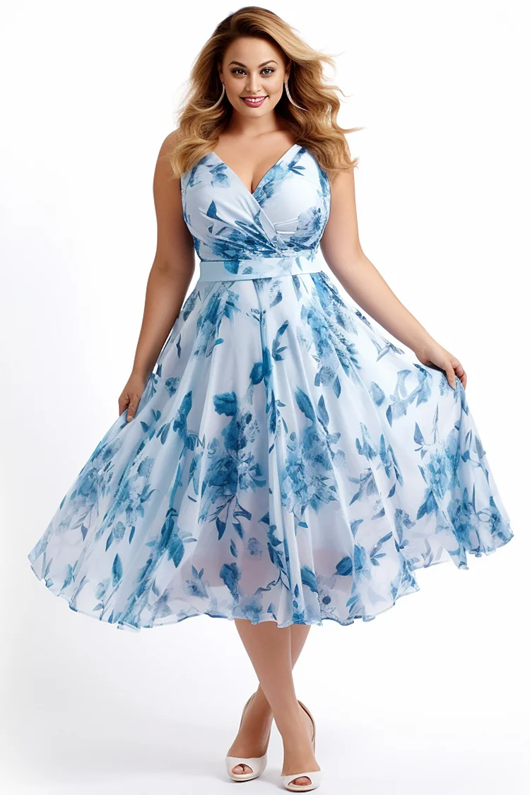 Flycurvy Plus Size Wedding Guest Blue Floral Print Wrap Waist Sleeveless Midi Dress  Flycurvy [product_label]