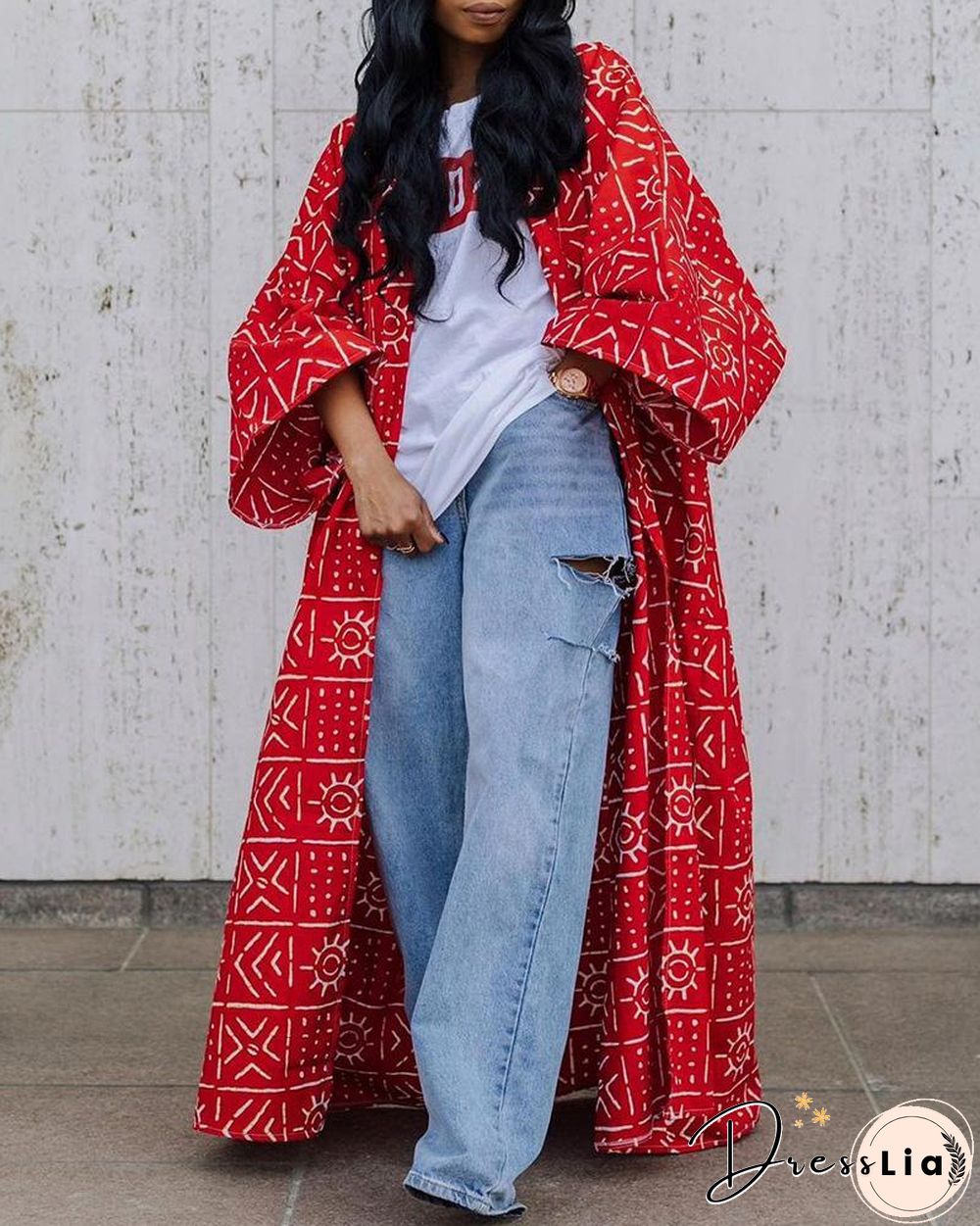 Bell Sleeve Graphic Print Longline Coat