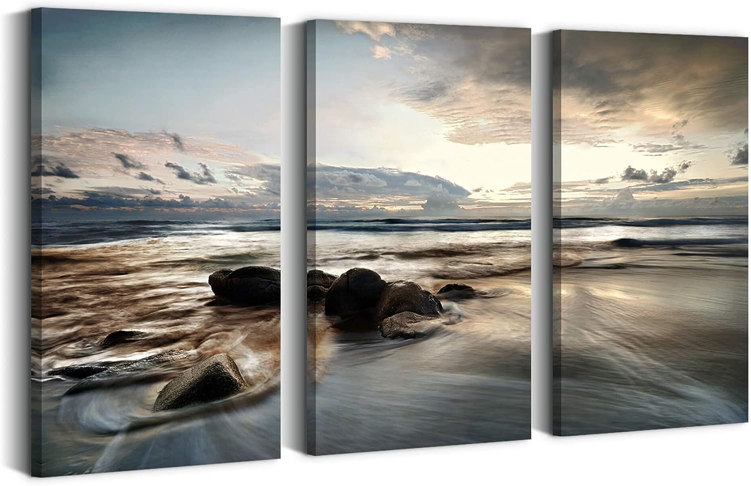 summer melody Bedroom Ocean Canvas Wall Art: Large Living Room Seascape Artwork Rocky Sea Wave Picture Relaxing Sunset Beach Painting Seashore Coastal Skyline Seaside Tropical Scenery Print 20&#034;x34&#034;x3PCS