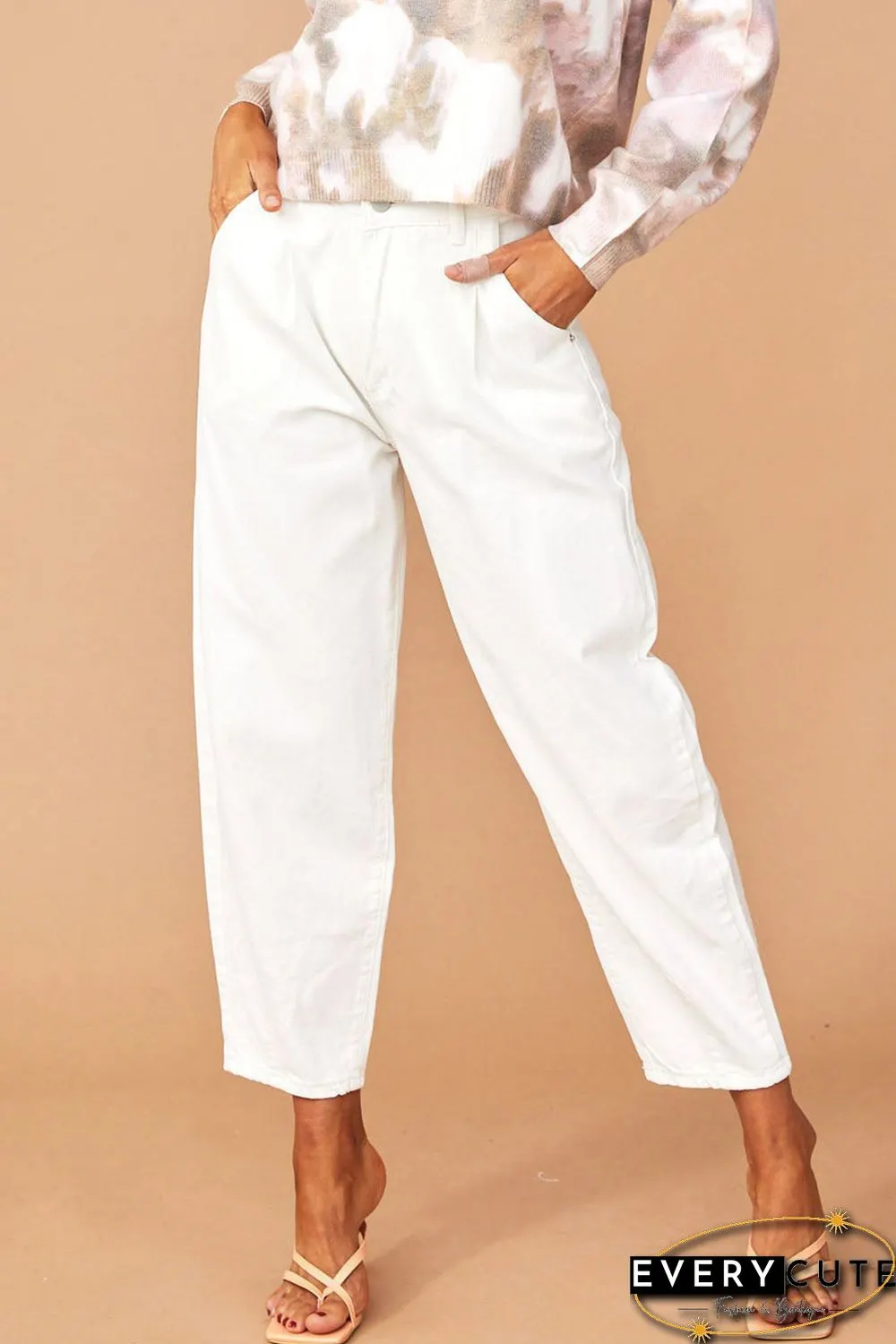 White Solid High Waist Casual Pants