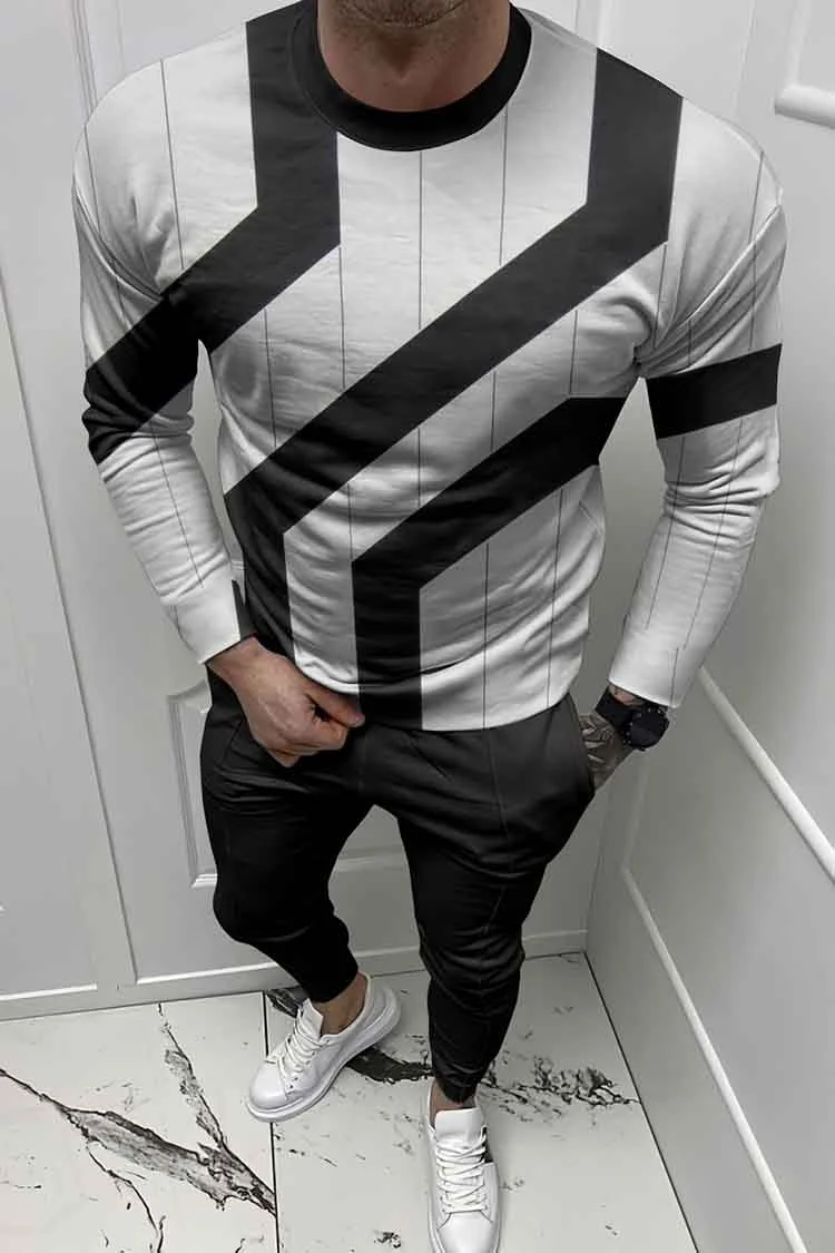 Stylish Contrast Stripe Geometric T-Shirt And Pants Co-Ord