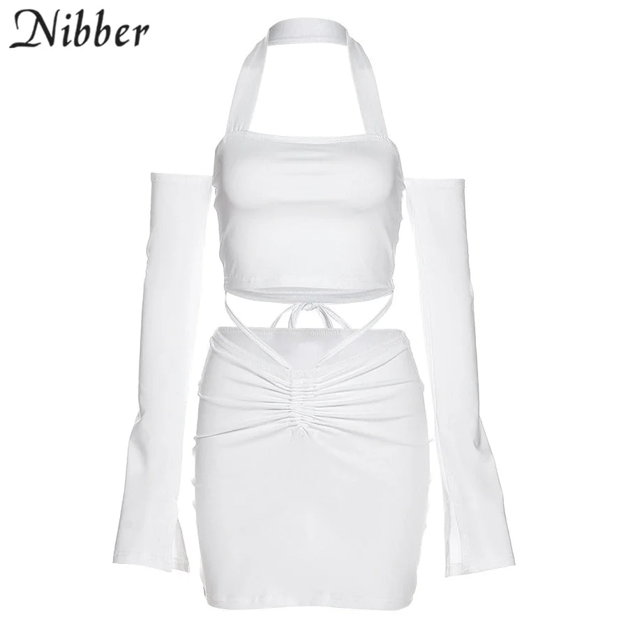 Nibber Solid Two Piece Sets Women Summer Halter Crop Tops + Drawstring Ruffles Skirt Matching Outfit Female Early Autumn Clothes