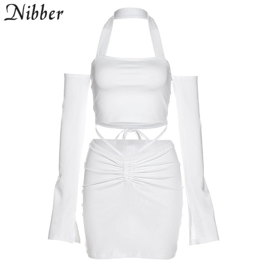Nibber Solid Two Piece Sets Women Summer Halter Crop Tops + Drawstring Ruffles Skirt Matching Outfit Female Early Autumn Clothes