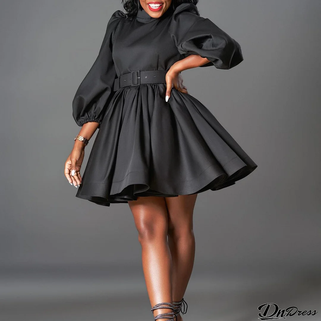 Women's Fashion Chic Puff Sleeve Slim Waist Chic A-Line Dress