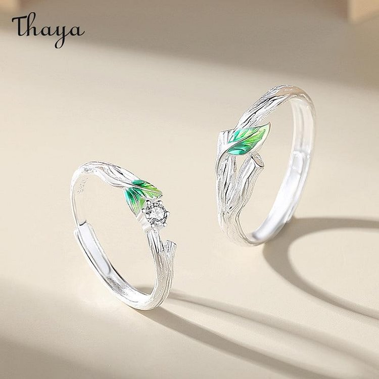 Thaya 925 Silver Green Sprout Couple Rings