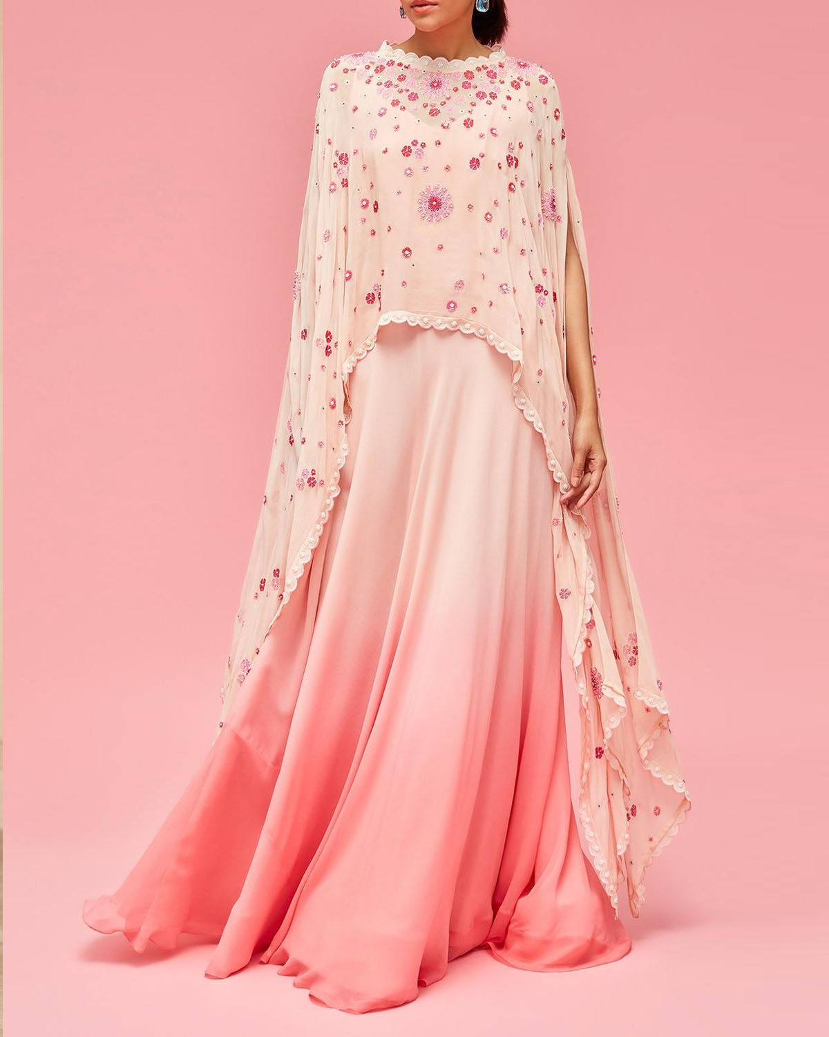 Peach Ombre Gown With Asymmetric Cape