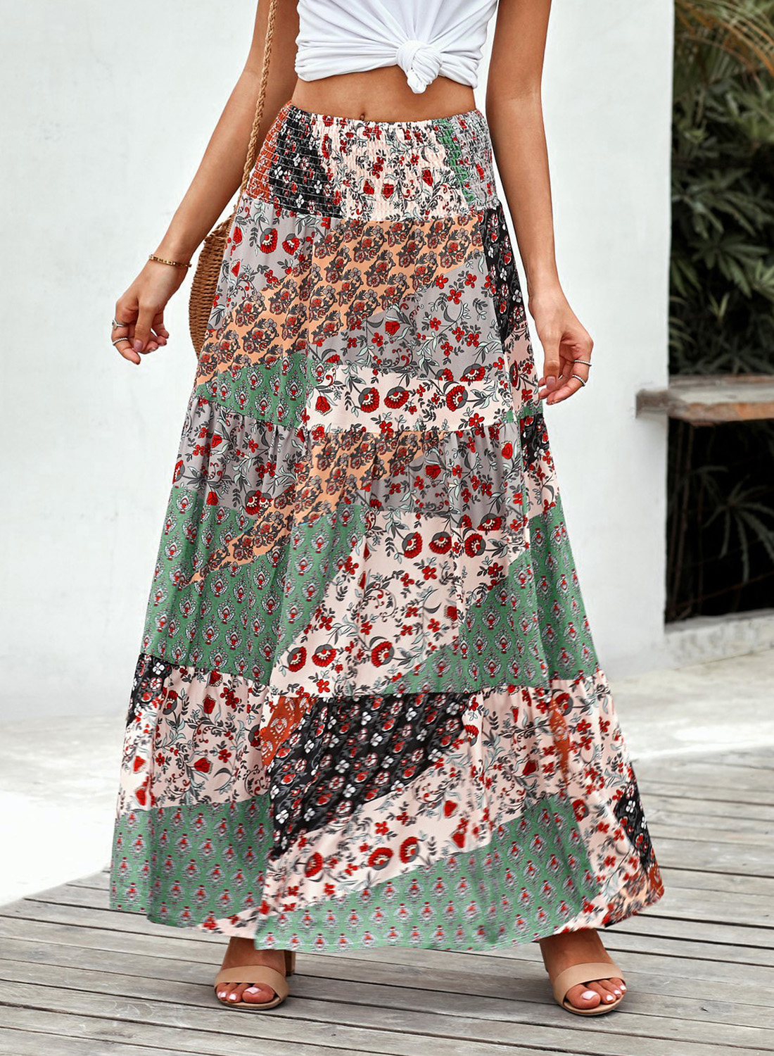 Boho Print Tie-Up Waist Long Maxi Skirt