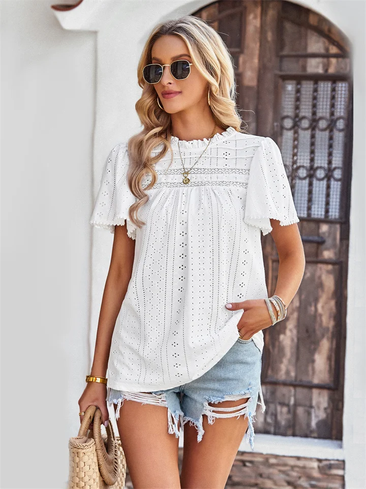 Summer Casual Solid Color Lace Collar Hollow Lotus Leaf Sleeve Short Sleeve Round Neck Shirt Temperament Elegant Tops