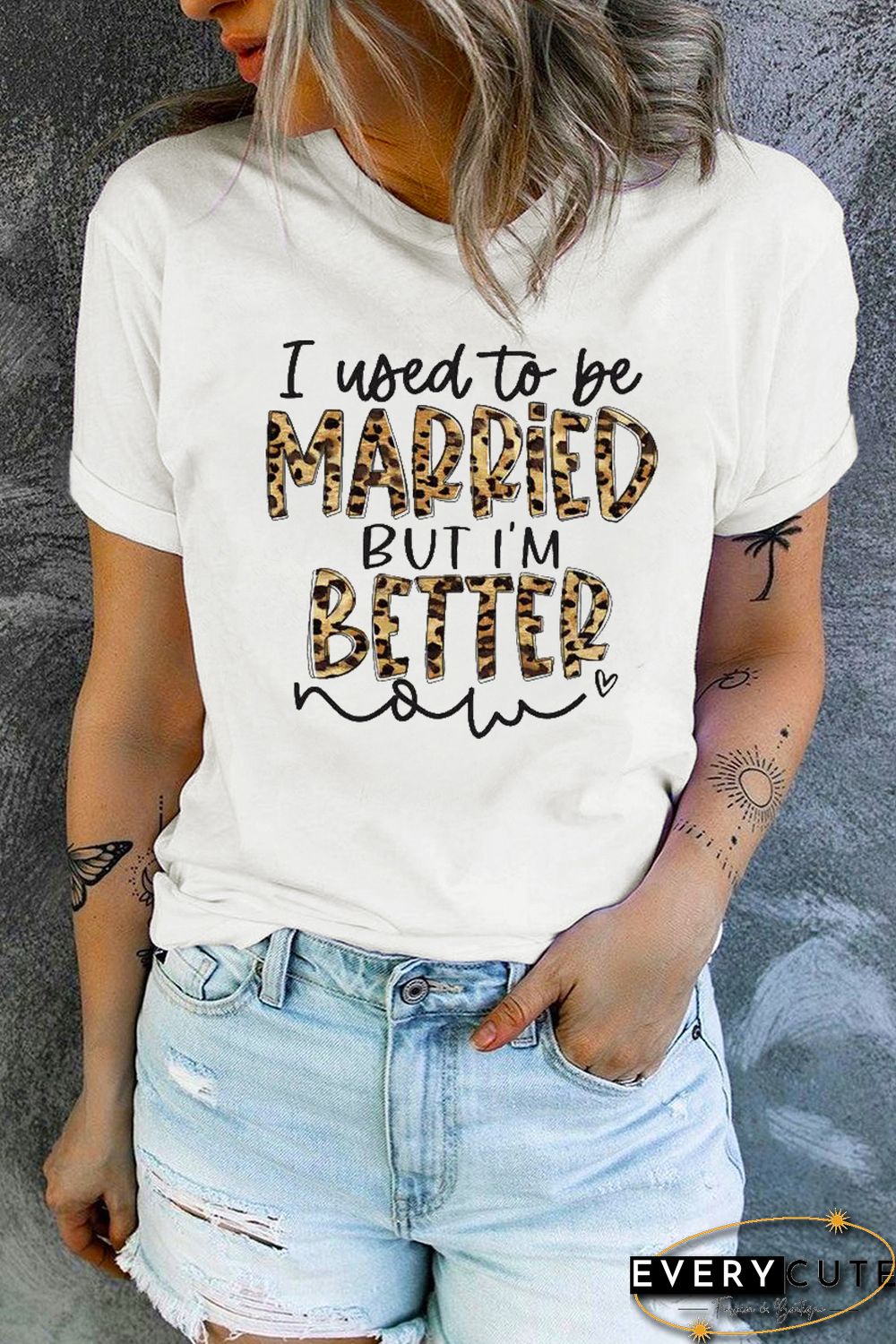 White Leopard Letters Print Short Sleeve Graphic Tee