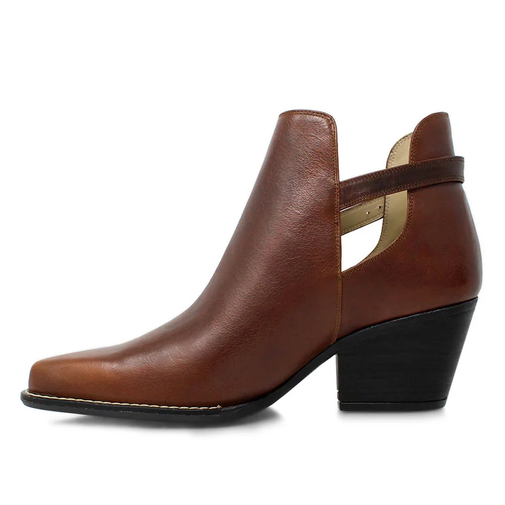 Brown Pointed Toe Cut-Out Chunky Heel Buckle Strap Ankle Boots
