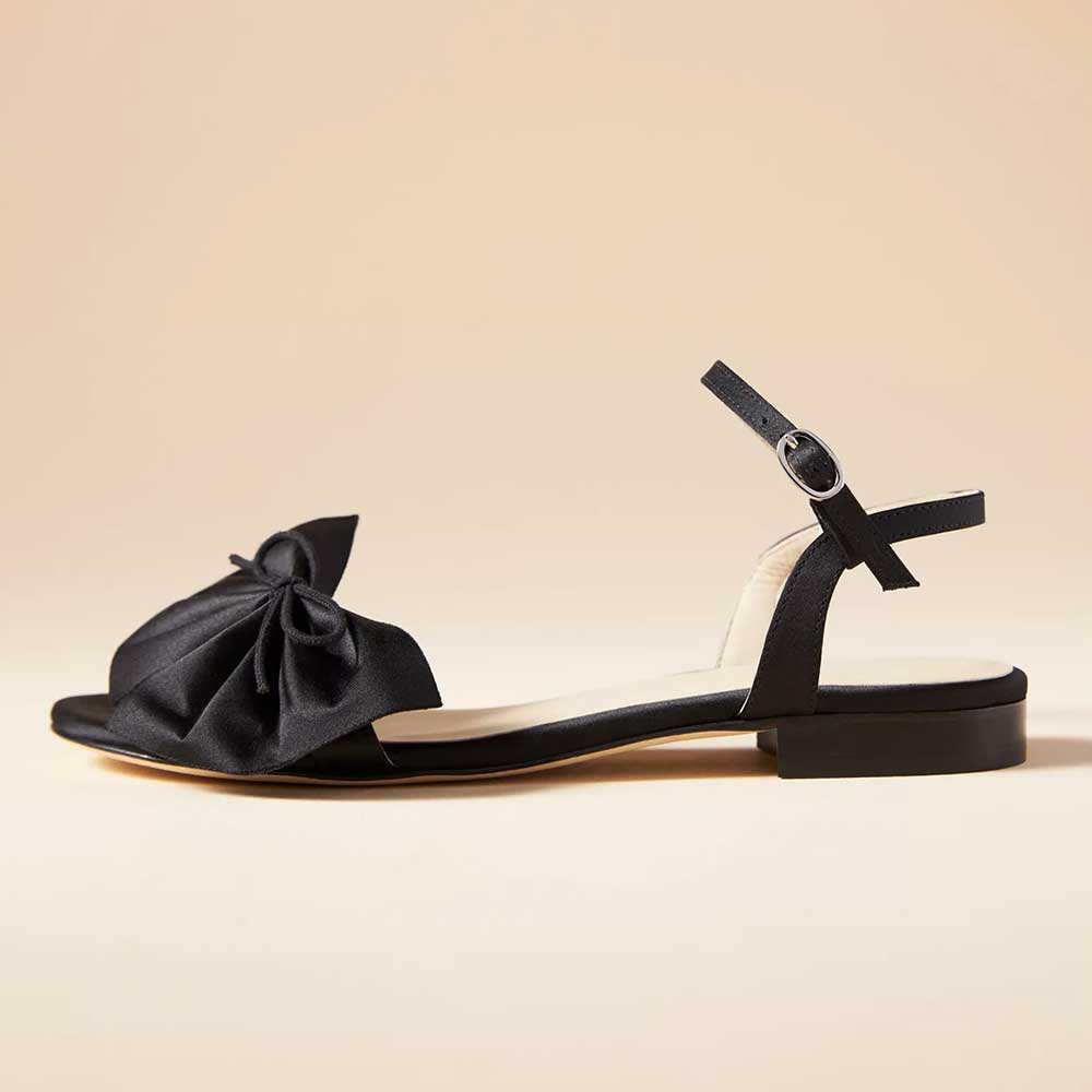 Black Satin Round Toe Flat Bow Inlay Ankle Strap Sandals for Women Nicepairs
