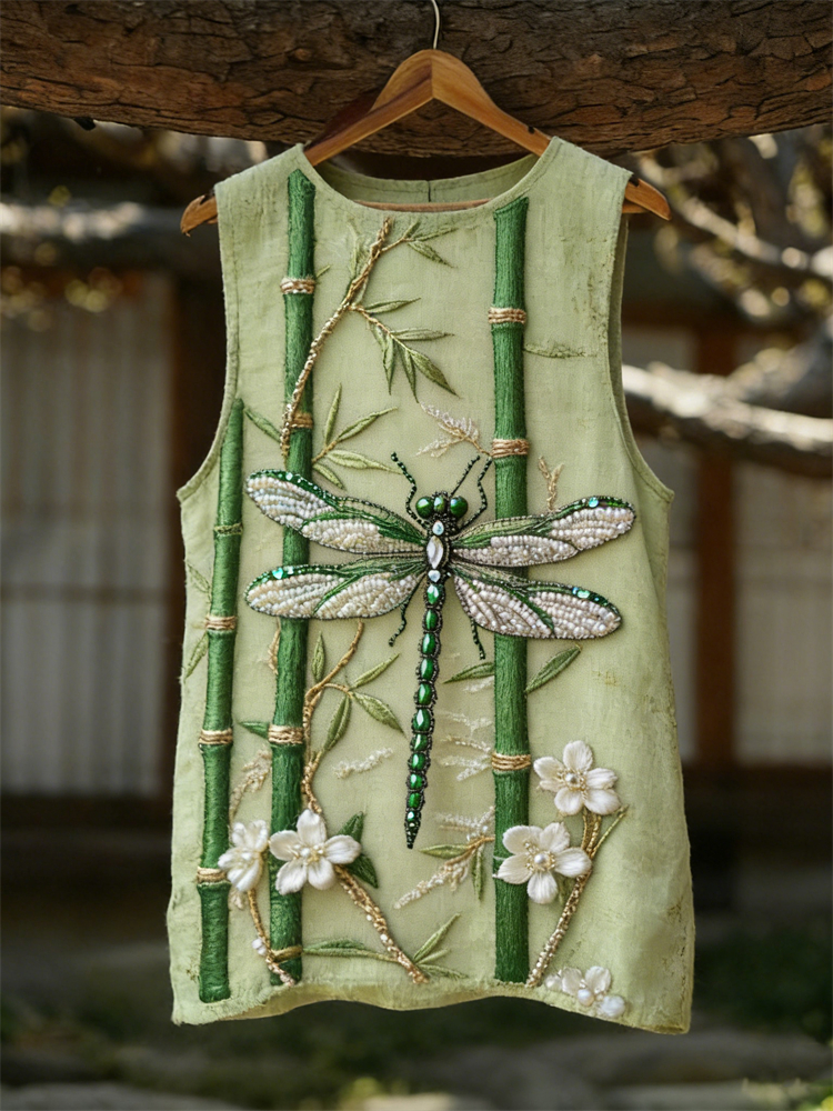 Vintage Dragonfly Floral Bamboo Linen Tank Top wearshes