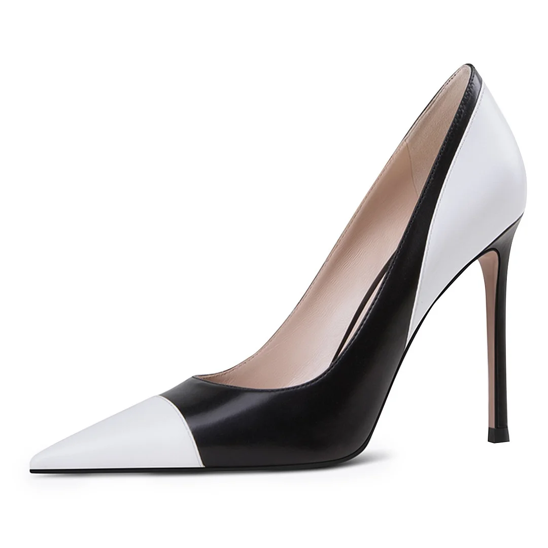 YDN Black and White Pointed Toe Stiletto Heel Pumps for Women