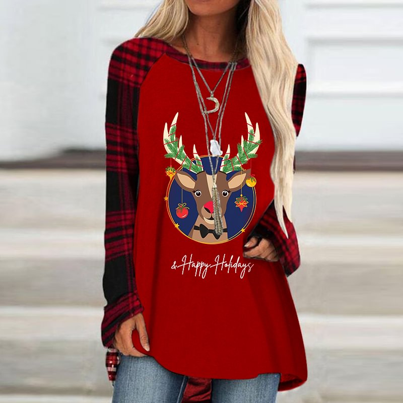 Happy Holidays Reindeer Print Plaid Sleeve T-shirt