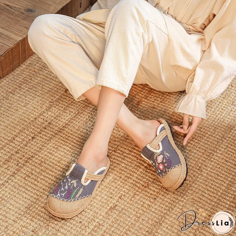 Summer New Ethnic Style Embroidered Slippers Women's Beef Tendon Bottom Cloth Shoes Women Hand-woven Linen Straw Shoes