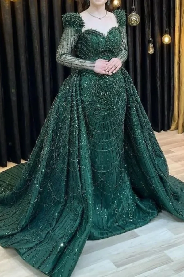  Elegant Dark Green Beaded Prom Dress Mermaid Sweetheart with Long Sleeve - ohprom