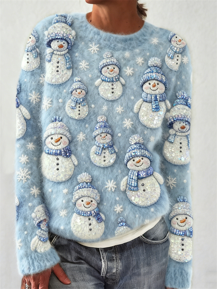 Christmas Lovely Snowmen Snowflakes Embroidered Cozy Sweater elevenforest
