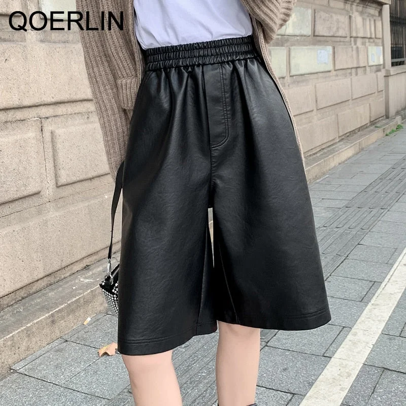 QoerliN S-3XL Autumn PU Leather Shorts Women's Casual High Waist Wide Leg Half Trousers Korean Outerwear Loose Straight Shorts
