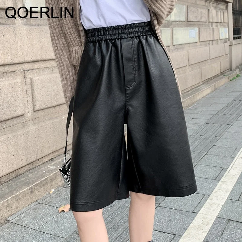 Uforever21  S-3XL Autumn PU Leather Shorts Women's Casual High Waist Wide Leg Half Trousers Korean Outerwear Loose Straight Shorts