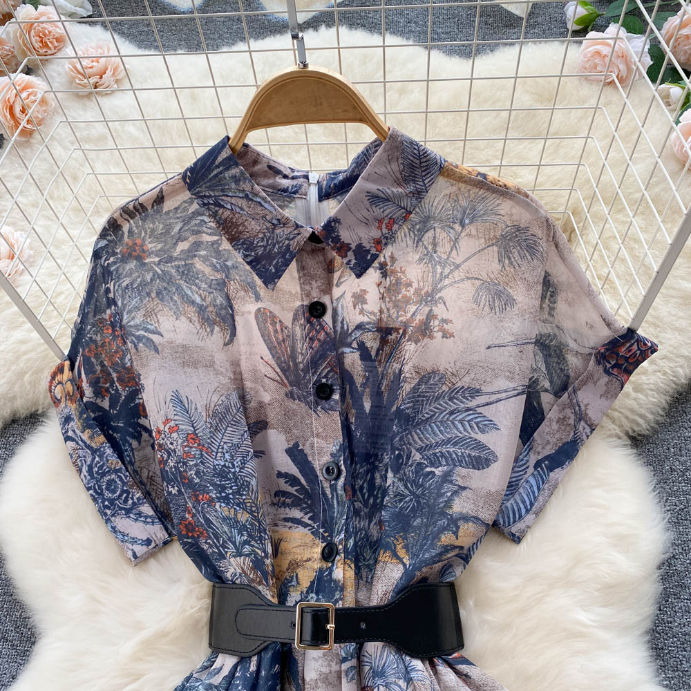 Women Vintage Party Dress Summer French Elegant Print Dress Ladies High Waist Retro Single Breasted Belt Casual Long Dress