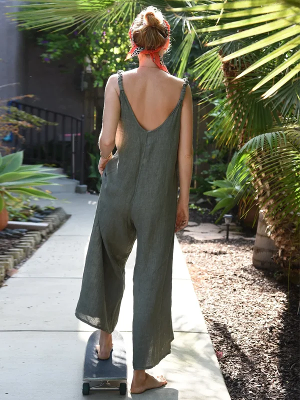 Solid color cotton and linen jumpsuit