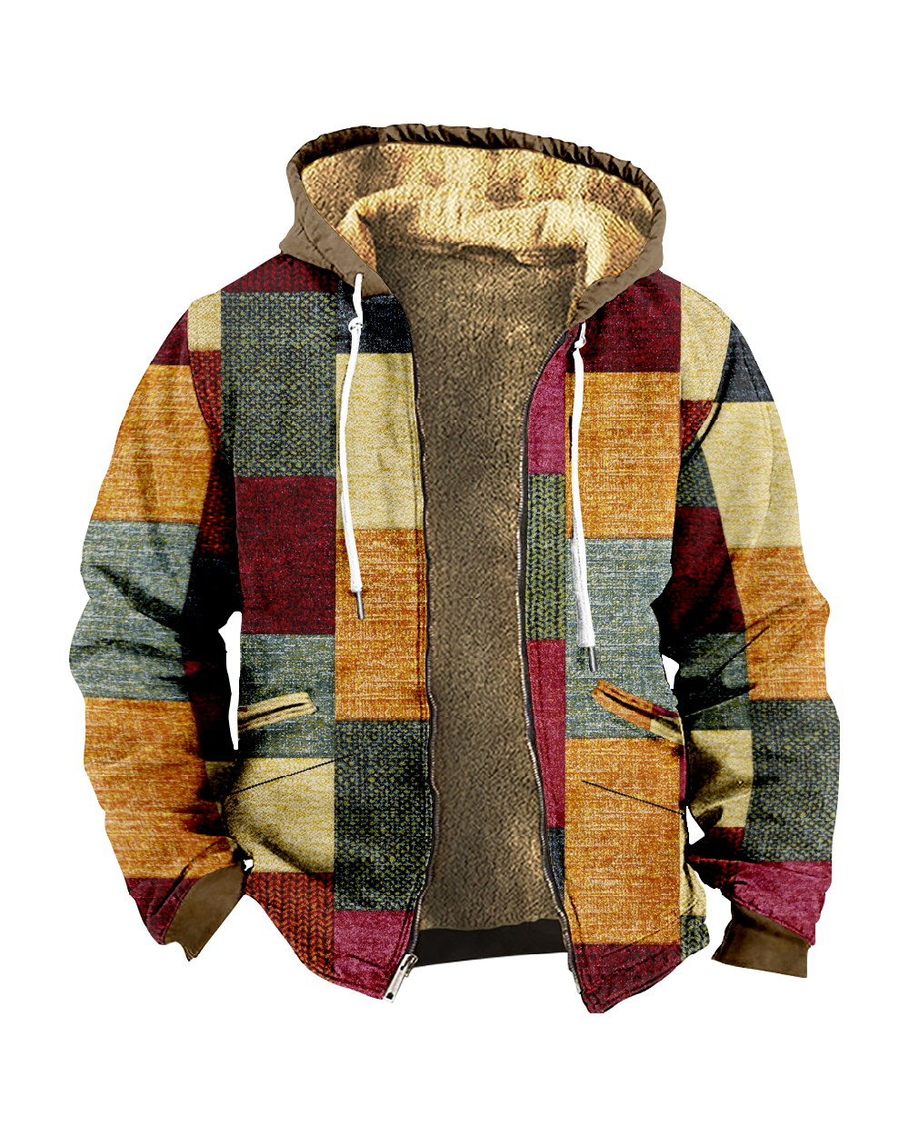 Suitmens Artistic Plaid Print Fleece Hooded Jacket 0037