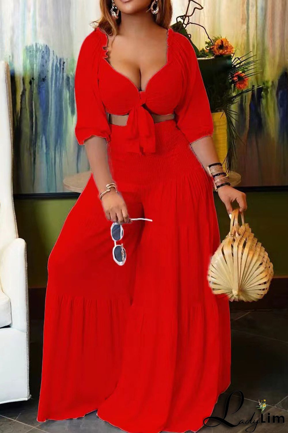 Red Fashion Sexy Solid Bandage V Neck Long Sleeve Two Pieces