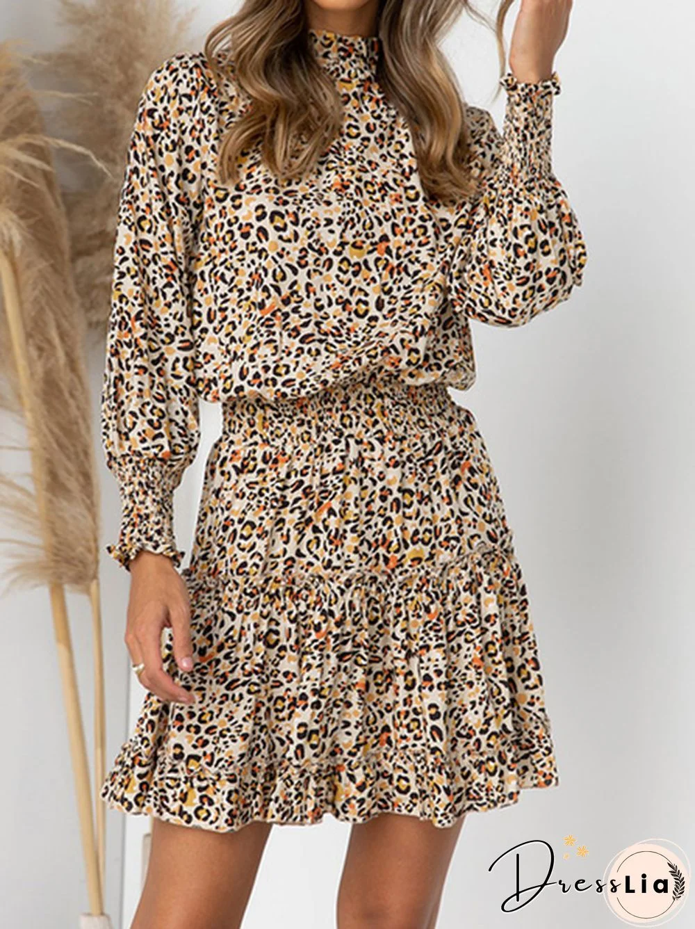 Leopard Print Long Sleeve Elastic Dress