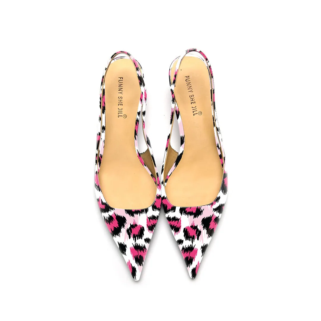 Women's Pink Leopard Print Pattern Patent Leather Pointed Toe Elegant Kitten Heel Slingback Dress Pump Shoes Nicepairs