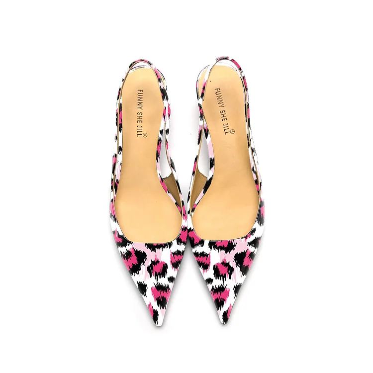 Pink Leopard Print Women's Patent Leather Kitten Heel Slingback Pumps Vdcoo