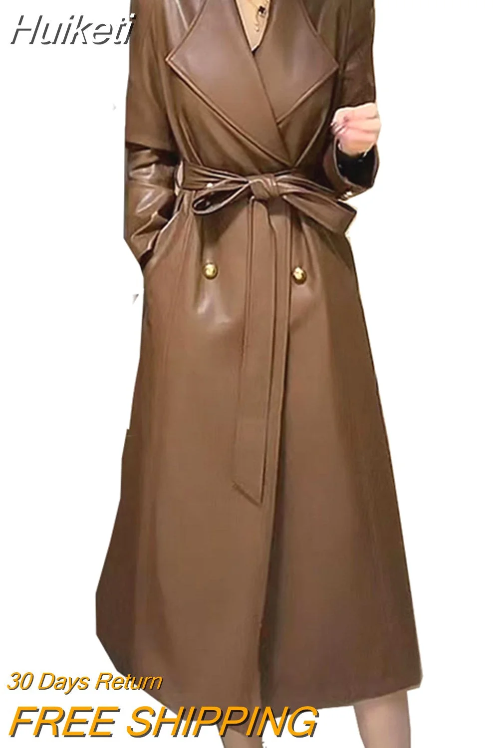 Huiketi Spring Autumn Luxury Elegant Stylish Chic Long Brown Black Soft Pu Leather Trench Coat for Women Sashes Runway Fashion