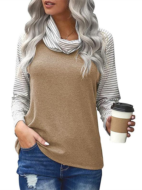 Women Long Sleeve Scoop Neck Striped Stitching Top