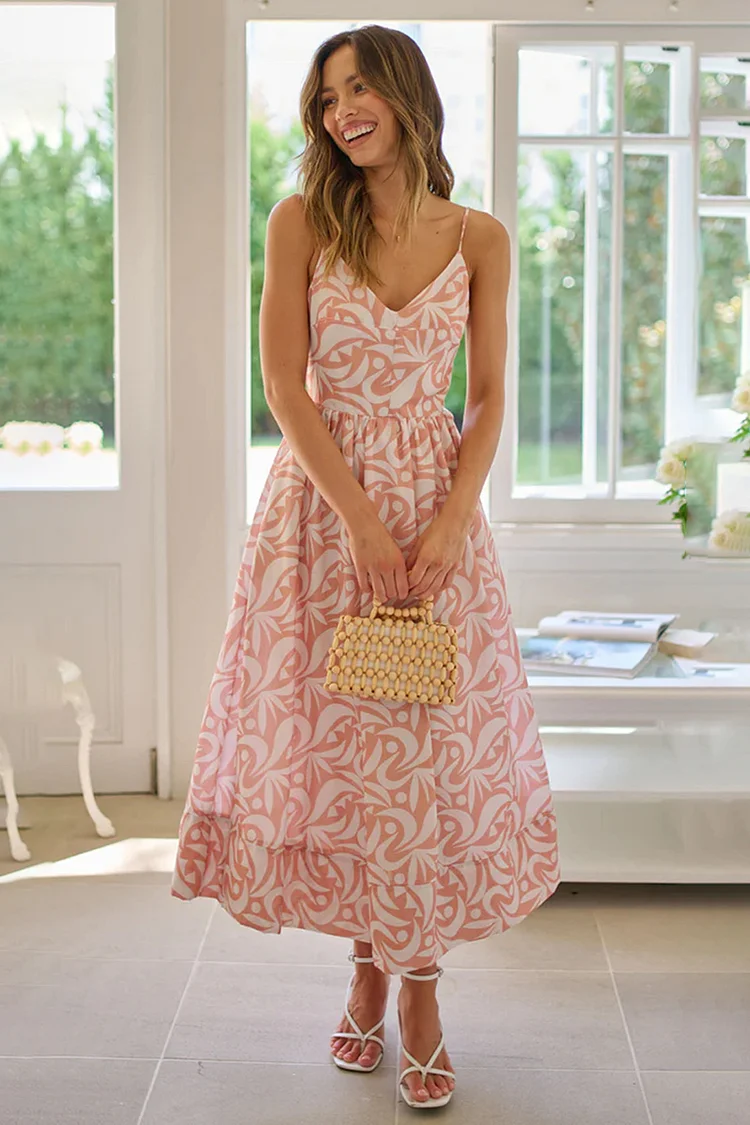 Deep V Neck Cami Backless Pleated Pattern Print A-line Vacation Midi Dresses