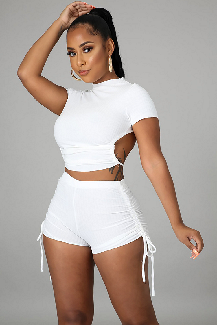 Knit Short Sleeve Backless Crop Top Ruched Shorts Matching Set-White
