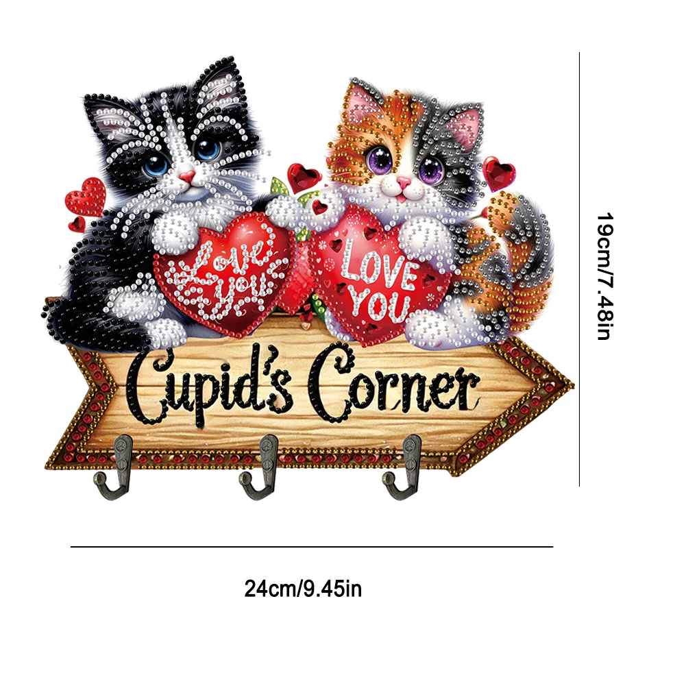 5D DIY Love Cat 3 Hooks Special Shape Diamond Painting Wooden Hook Rail for Wall
