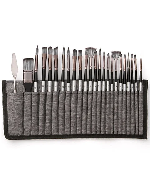 24 Pcs Synthetic Paint Brush Set With Cloth Roll-Himinee.com