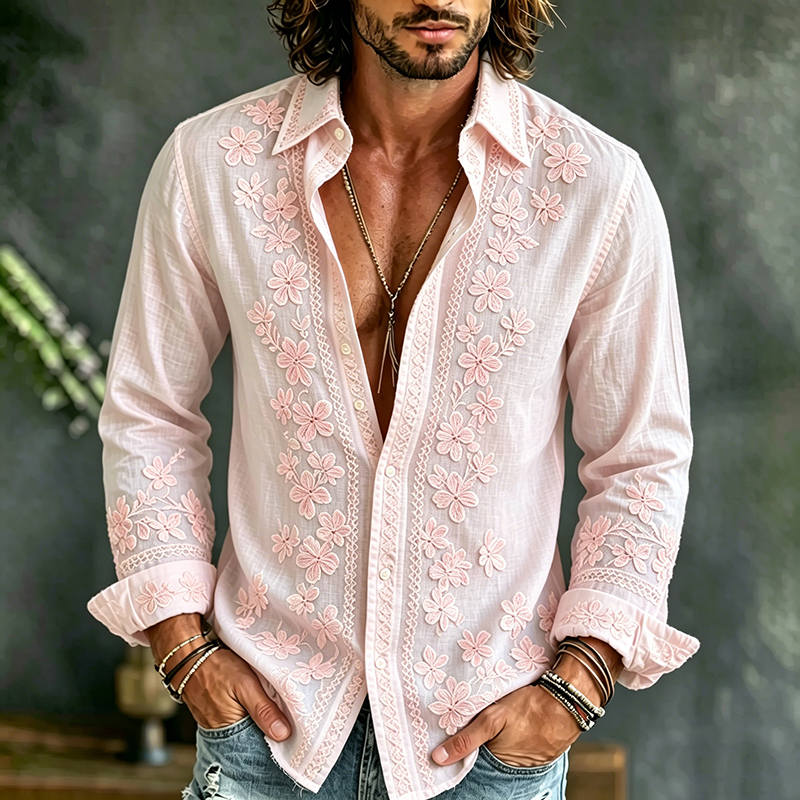 Comstylish Men's Causal Spring Floral Art Print Flowy Linen Blend Shirt