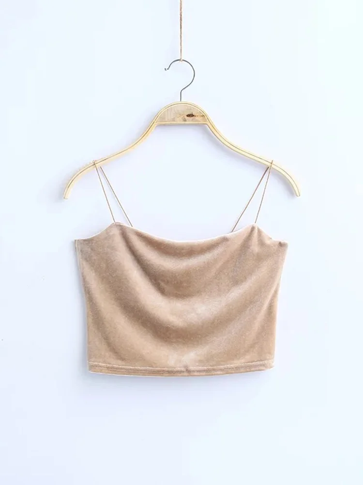 Budgetg Women Corduroy Korea Solid Color Short Sexy Camisole Female Tie Gold Velvet Bralette Crop Top Streetwear Pink Bustier